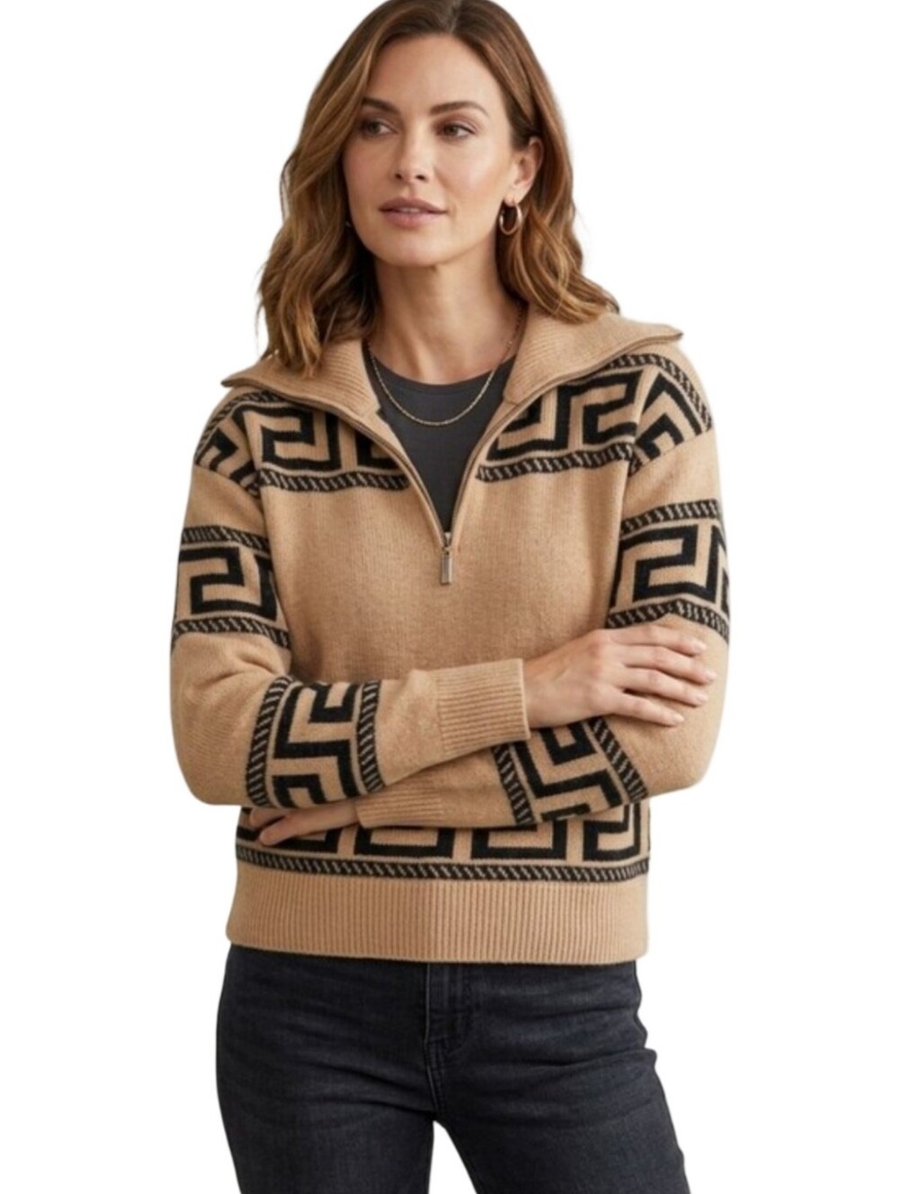 RDI Tan Geometric Greek Key Quarter Half Zip Sweater Size Small